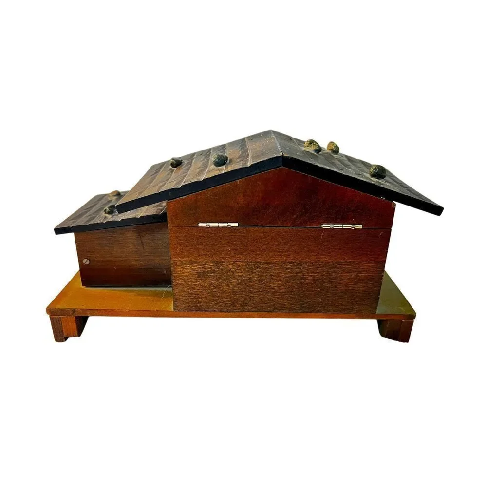 VTG 1960's Log Cabin Cottage Mill Moving Water Wheel Jewelry Music Box Japan